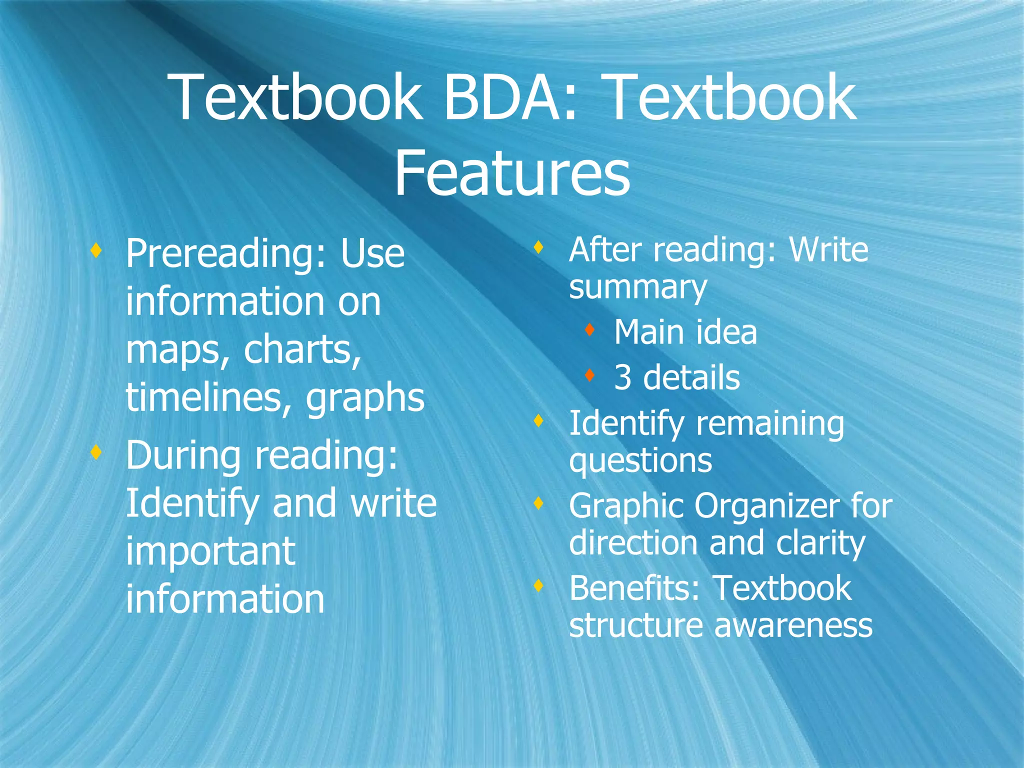 Vocab of the Day:  Using Content-Area Vocabulary Vocabulary Strategy: Find key words in the definition Read the model sentence Find synonyms using dictionaries Draw a picture of the word: nonlinguistic representation Connect the target word with content-area classes Use context clues  Strategy is modeled for students; they assume teaching role. Graphic organizer provides direction and clarity 