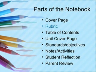 Parts of the Notebook
   •   Cover Page
   •   Rubric
   •   Table of Contents
   •   Unit Cover Page
   •   Standards/objectives
   •   Notes/Activities
   •   Student Reflection
   •   Parent Review
 