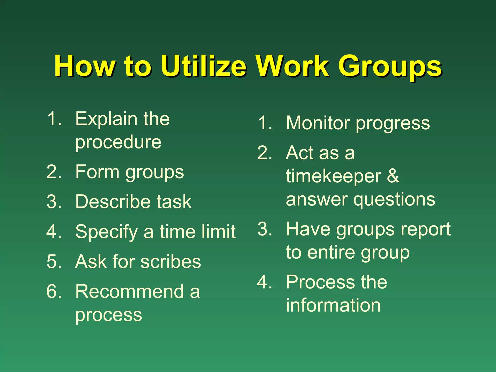 How to Utilize Work Groups
1. Explain the            1. Monitor progress
   procedure
                          2. Act as a
2. Form groups               timekeeper &
3. Describe task             answer questions
4. Specify a time limit   3. Have groups report
5. Ask for scribes           to entire group

6. Recommend a            4. Process the
   process                   information
 