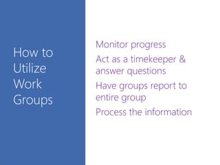 How to
Utilize
Work
Groups
Monitor progress
Act as a timekeeper &
answer questions
Have groups report to
entire group
Process the information
 