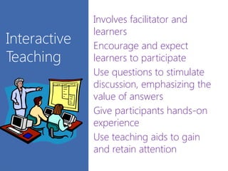 Interactive
Teaching
Involves facilitator and
learners
Encourage and expect
learners to participate
Use questions to stimulate
discussion, emphasizing the
value of answers
Give participants hands-on
experience
Use teaching aids to gain
and retain attention
 