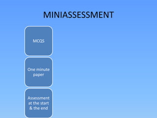 MINIASSESSMENT
MCQS
One minute
paper
Assessment
at the start
& the end
 