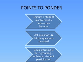 POINTS TO PONDER
Lecture + student
involvement =
interactive
lectures
Ask questions &
let the questions
be asked
Brain storming &
buzz grouping –
enhances student
participation
 