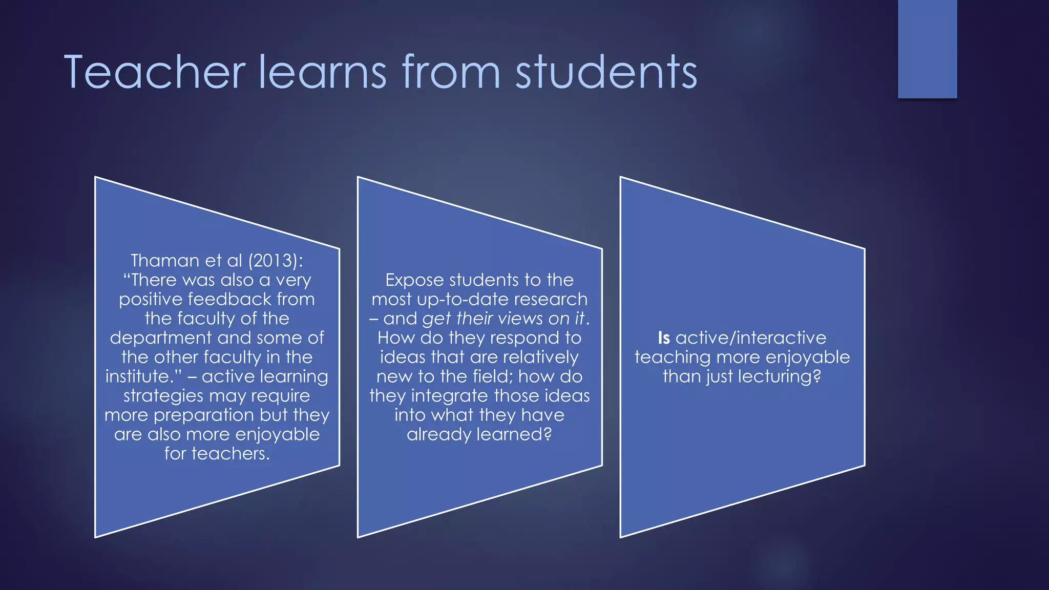 Teacher learns from students
Thaman et al (2013):
“There was also a very
positive feedback from
the faculty of the
department and some of
the other faculty in the
institute.” – active learning
strategies may require
more preparation but they
are also more enjoyable
for teachers.
Expose students to the
most up-to-date research
– and get their views on it.
How do they respond to
ideas that are relatively
new to the field; how do
they integrate those ideas
into what they have
already learned?
Is active/interactive
teaching more enjoyable
than just lecturing?
 