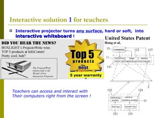 Interactive projector turns  any surface , hard or soft,  into  interactive whiteboard  !   Interactive solution  1  for teachers Teachers can access and interact with Their computers right from the screen ! 5 year warranty 