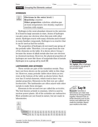 Copyright © by Holt, Rinehart and Winston. All rights reserved.
Interactive Textbook 227 The Periodic Table
SECTION 2
Name Class Date
Grouping the Elements continued
HYDROGEN
��������
�
�
Electrons in the outer level: 1
Reactivity: reactive
Other properties: colorless, odorless gas
at room temperature; low density; explosive
reaction with oxygen
Hydrogen is the most abundant element in the universe.
It is found in large amounts in stars. Atoms of hydrogen
can give away one electron when they join with other
atoms. Hydrogen reacts with many elements and is found
in many familiar compounds. Hydrogen is so reactive that
it can be used as fuel for rockets.
The properties of hydrogen do not match any group of
the periodic table. Therefore, it is set apart from the rest
of the elements on the table. It is shown above Group 1
because the atoms of alkali metals also lose one electron
in chemical reactions. However, the physical properties of
hydrogen are more like those of nonmetals than of metals.
Hydrogen is in a group all by itself.
LANTHANIDES AND ACTINIDES
These metals are part of the transition metals. They
have not been shown on the periodic table in this chap-
ter. However, many periodic tables show them as two
rows at the bottom of the table as shown below. Each
row has 15 metal elements, which tend to have very
similar properties. Elements in the first row are called
lanthanides. The lanthanides are often mixed with other
metals to make them stronger.
Elements in the second row are called the actinides.
The best known actinide is uranium, which is used in
nuclear power plants. All of the actinides are radioactive.
Most actinides are not found in nature, but are made in
laboratories.
Lanthanum
57
Actinium
89
Lanthanides
Actinides
58 59 60 61 62 63 64 65 66 67 68 69 70 71
90 91 92 93 94 95 96 97 98 99 100 101 102 103
La
Ac
Ce
Th
Pr
Pa
Nd
U
Pm
Np
Sm
Pu
Eu
Am
Gd
Cm
Tb
Bk
Dy
Cf
Ho
Es
Er
Fm
Tm
Md
Yb
No
Lu
Lr
READING CHECK
14. Explain Why is hydrogen
not included in any group of
the periodic table?
Say It
Research Scientists in
laboratories can make new
elements by forcing particles
together. Research how ac-
tinide elements such as plu-
tonium and californium are
made by scientists. Report
your results to the class.
 