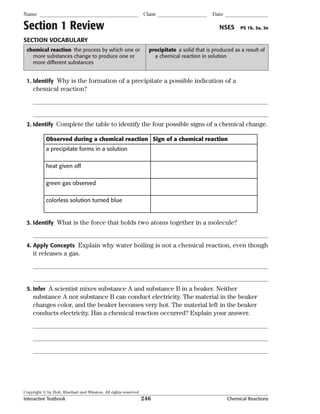 Copyright © by Holt, Rinehart and Winston. All rights reserved.
Interactive Textbook 246 Chemical Reactions
Name Class Date
Section 1 Review NSES PS 1b, 3a, 3e
SECTION VOCABULARY
chemical reaction the process by which one or
more substances change to produce one or
more different substances
precipitate a solid that is produced as a result of
a chemical reaction in solution
1. Identify Why is the formation of a precipitate a possible indication of a
chemical reaction?
2. Identify Complete the table to identify the four possible signs of a chemical change.
Observed during a chemical reaction Sign of a chemical reaction
a precipitate forms in a solution
heat given off
green gas observed
colorless solution turned blue
3. Identify What is the force that holds two atoms together in a molecule?
4. Apply Concepts Explain why water boiling is not a chemical reaction, even though
it releases a gas.
5. Infer A scientist mixes substance A and substance B in a beaker. Neither
substance A nor substance B can conduct electricity. The material in the beaker
changes color, and the beaker becomes very hot. The material left in the beaker
conducts electricity. Has a chemical reaction occurred? Explain your answer.
 