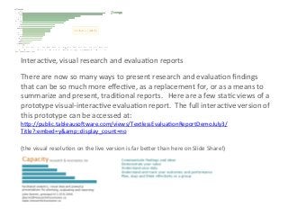 There	
  are	
  now	
  so	
  many	
  ways	
  to	
  present	
  research	
  and	
  evalua4on	
  ﬁndings	
  
that	
  can	
  be	
  so	
  much	
  more	
  eﬀec4ve,	
  as	
  a	
  replacement	
  for,	
  or	
  as	
  a	
  means	
  to	
  
summarize	
  and	
  present,	
  tradi4onal	
  reports.	
  	
  	
  Here	
  are	
  a	
  few	
  sta4c	
  views	
  of	
  a	
  
prototype	
  visual-­‐interac4ve	
  evalua4on	
  report.	
  	
  The	
  full	
  interac4ve	
  version	
  of	
  
this	
  prototype	
  can	
  be	
  accessed	
  at:	
  	
  
hAp://public.tableausoCware.com/views/TextlessEvalua4onReportDemoJuly3/
Title?:embed=y&amp;:display_count=no	
  	
  	
  	
  	
  
	
  
(the	
  visual	
  resolu4on	
  on	
  the	
  live	
  version	
  is	
  far	
  beAer	
  than	
  here	
  on	
  Slide	
  Share!)	
  	
  
Interac4ve,	
  visual	
  research	
  and	
  evalua4on	
  reports	
  
 