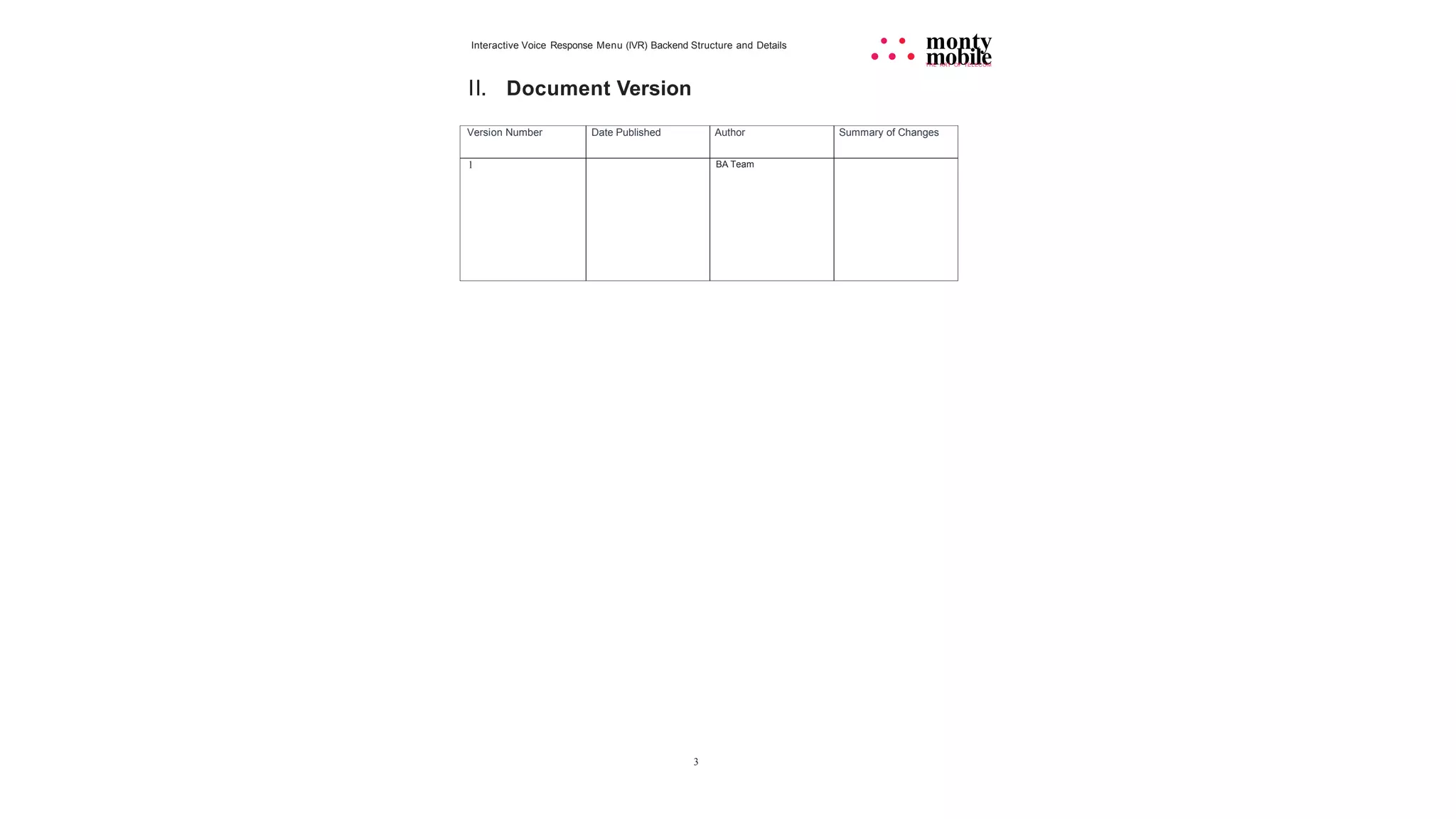 3
Interactive Voice Response Menu (IVR) Backend Structure and Details
II. Document Version
• • monty
• • • mobile
THE ART OF TELECOM
Version Number Date Published Author Summary of Changes
1 BA Team
 