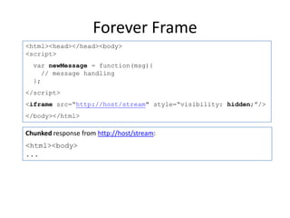 Forever Frame
<html><head></head><body>
<script>
  var newMessage = function(msg){
     // message handling
  };
</script>
<iframe src=“http://host/stream" style=“visibility: hidden;”/>
</body></html>

Chunked response from http://host/stream:
<html><body>
...
 