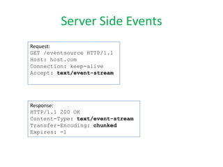 Server Side Events
Request:
GET /eventsource HTTP/1.1
Host: host.com
Connection: keep-alive
Accept: text/event-stream




Response:
HTTP/1.1 200 OK
Content-Type: text/event-stream
Transfer-Encoding: chunked
Expires: -1
 