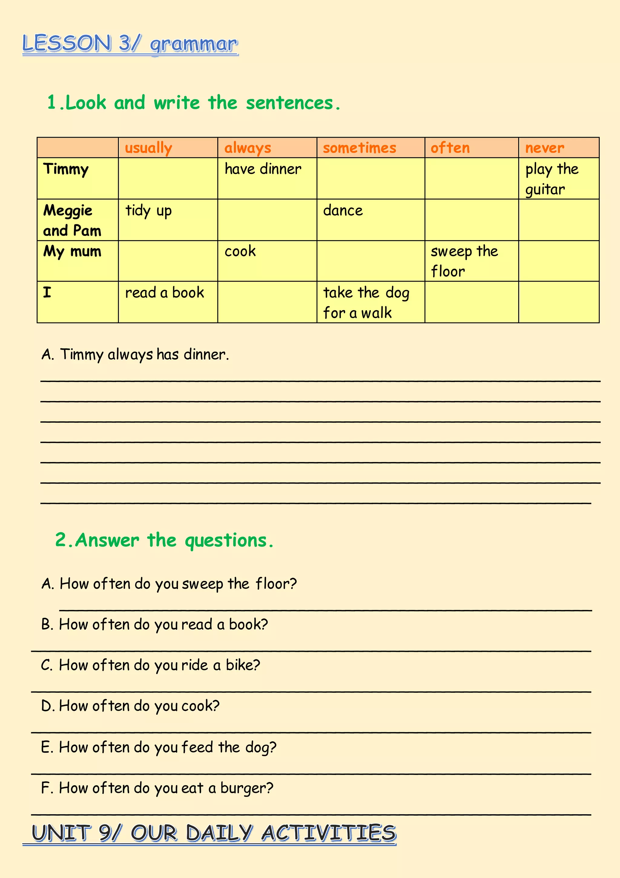 1.Look and write the sentences.
usually always sometimes often never
Timmy have dinner play the
guitar
Meggie
and Pam
tidy up dance
My mum cook sweep the
floor
I read a book take the dog
for a walk
A. Timmy always has dinner.
_____________________________________________________________
_____________________________________________________________
_____________________________________________________________
_____________________________________________________________
_____________________________________________________________
_____________________________________________________________
____________________________________________________________
2.Answer the questions.
A. How often do you sweep the floor?
__________________________________________________________
B. How often do you read a book?
_____________________________________________________________
C. How often do you ride a bike?
_____________________________________________________________
D. How often do you cook?
_____________________________________________________________
E. How often do you feed the dog?
_____________________________________________________________
F. How often do you eat a burger?
_____________________________________________________________
 