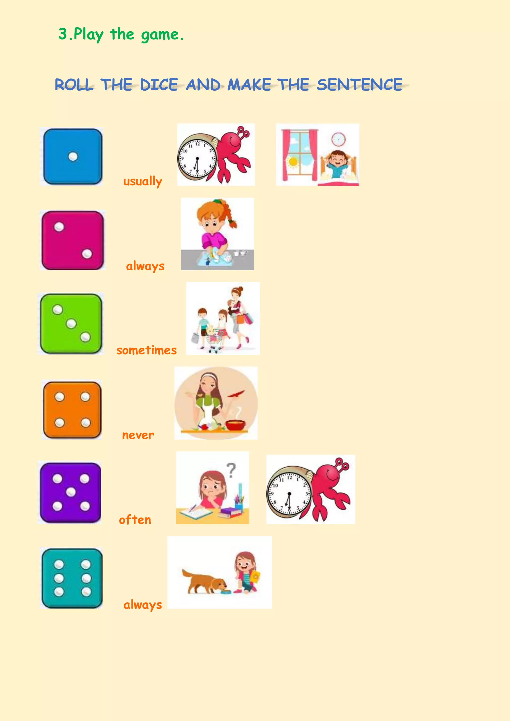 3.Play the game.
usually
always
sometimes
never
often
always
ROLL THE DICE AND MAKE THE SENTENCE
 