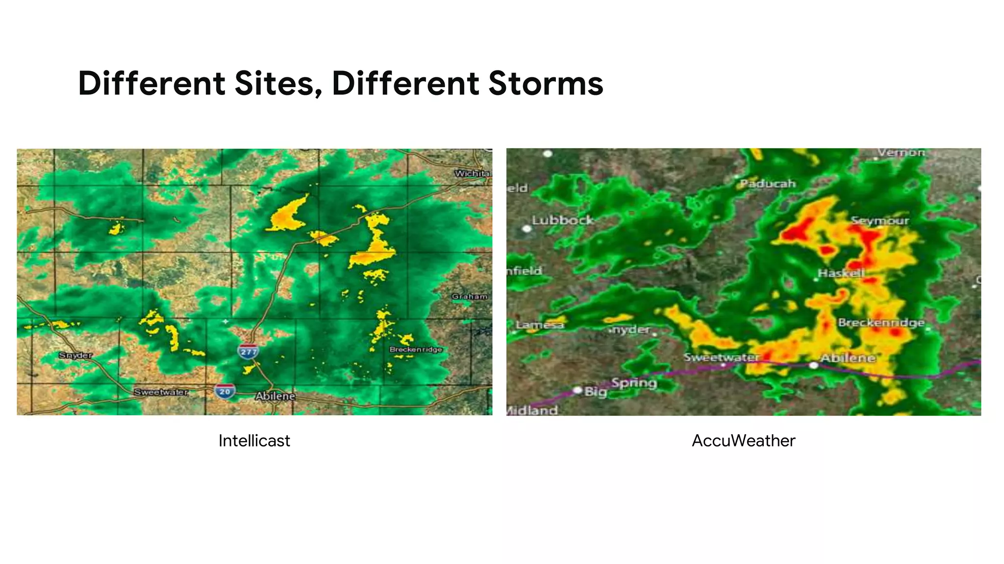 Different Sites, Different Storms
Intellicast AccuWeather
 