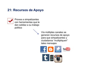 21: Recursos de Apoyo
Vía múltiples canales se
generan recursos de apoyo
para que simpatizantes y
ciudadanos “multipliquen”
tales mensajes
Provea a simpatizantes
con herramientas que le
den solidez a su trabajo
político
 