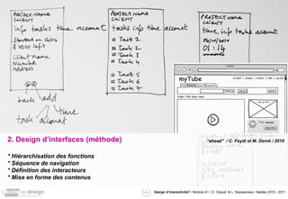 2. Design d’interfaces (méthode) * Hiérarchisation des fonctions * Séquence de navigation * Définition des interacteurs * Mise en forme des contenus “ ahead”  / C. Faydi et M. Denié / 2010 