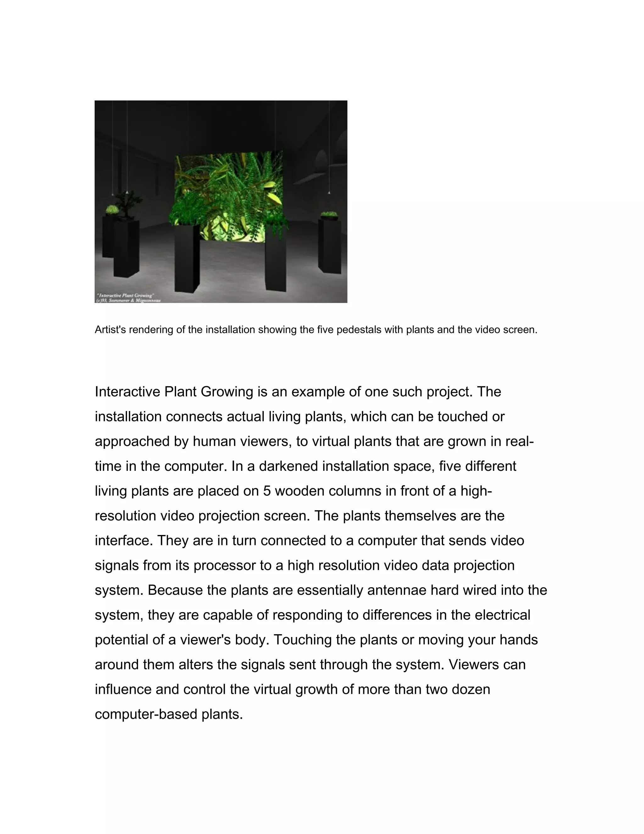 Artist's rendering of the installation showing the five pedestals with plants and the video screen.




Interactive Plant Growing is an example of one such project. The
installation connects actual living plants, which can be touched or
approached by human viewers, to virtual plants that are grown in real-
time in the computer. In a darkened installation space, five different
living plants are placed on 5 wooden columns in front of a high-
resolution video projection screen. The plants themselves are the
interface. They are in turn connected to a computer that sends video
signals from its processor to a high resolution video data projection
system. Because the plants are essentially antennae hard wired into the
system, they are capable of responding to differences in the electrical
potential of a viewer's body. Touching the plants or moving your hands
around them alters the signals sent through the system. Viewers can
influence and control the virtual growth of more than two dozen
computer-based plants.
 