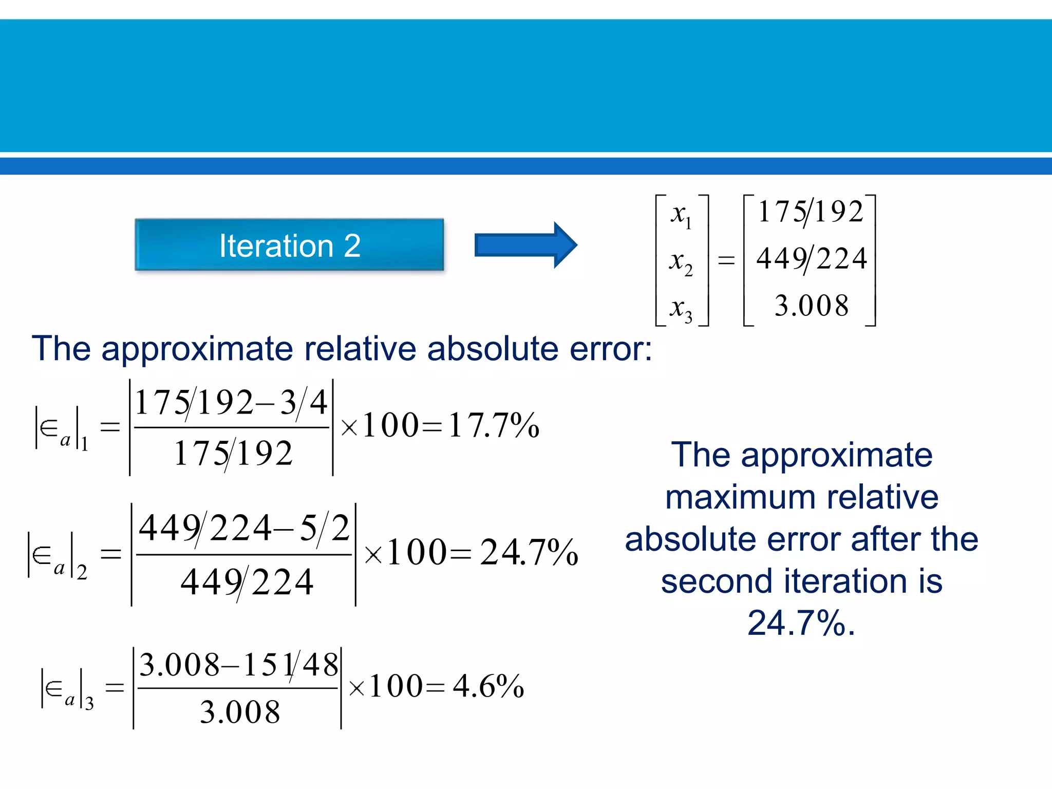 Iteration 2Theapproximaterelativeabsoluteerror:The approximate maximum relative absolute error after the second iteration is 24.7%.