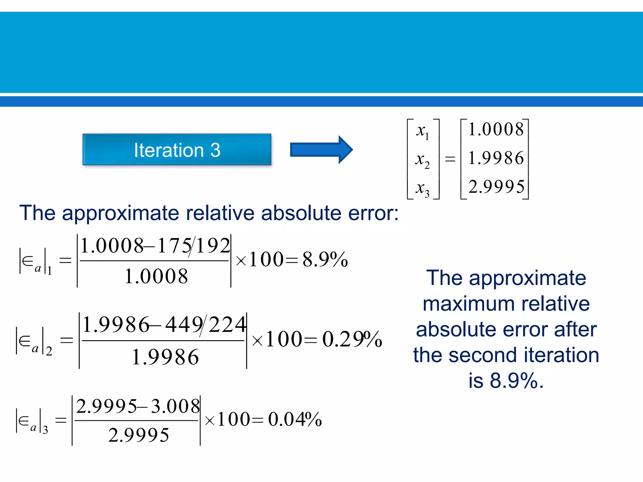 Iteration 3Theapproximaterelativeabsoluteerror:The approximate maximum relative absolute error after the second iteration is 8.9%.
