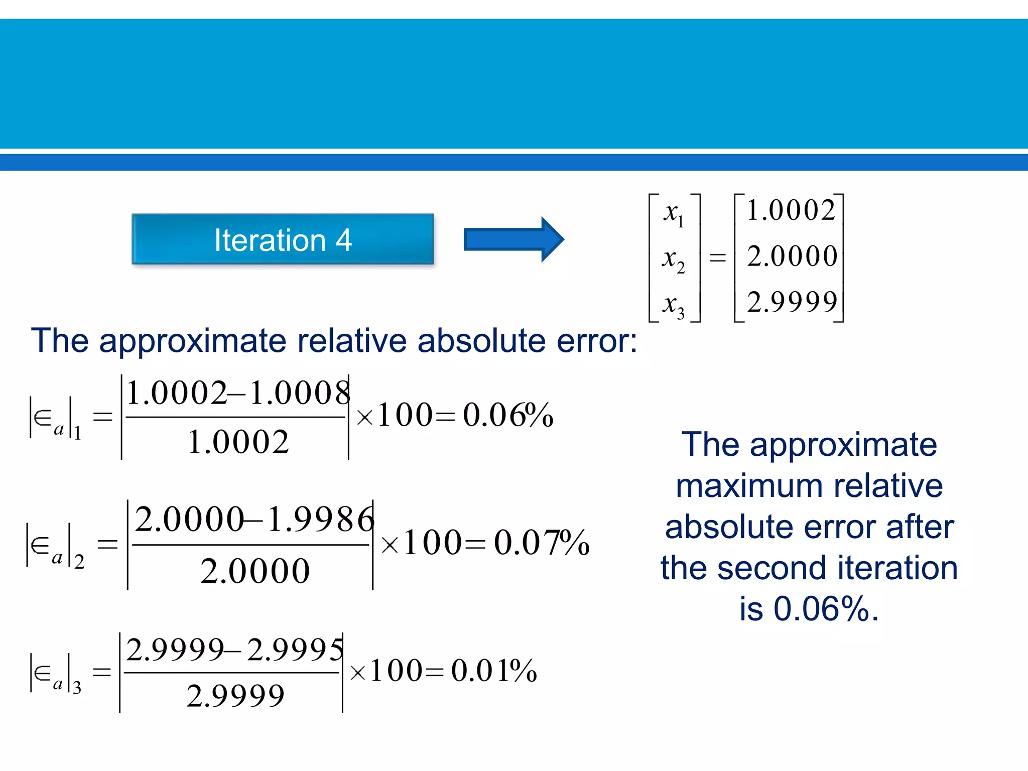 Iteration 4Theapproximaterelativeabsoluteerror:The approximate maximum relative absolute error after the second iteration is 0.06%.