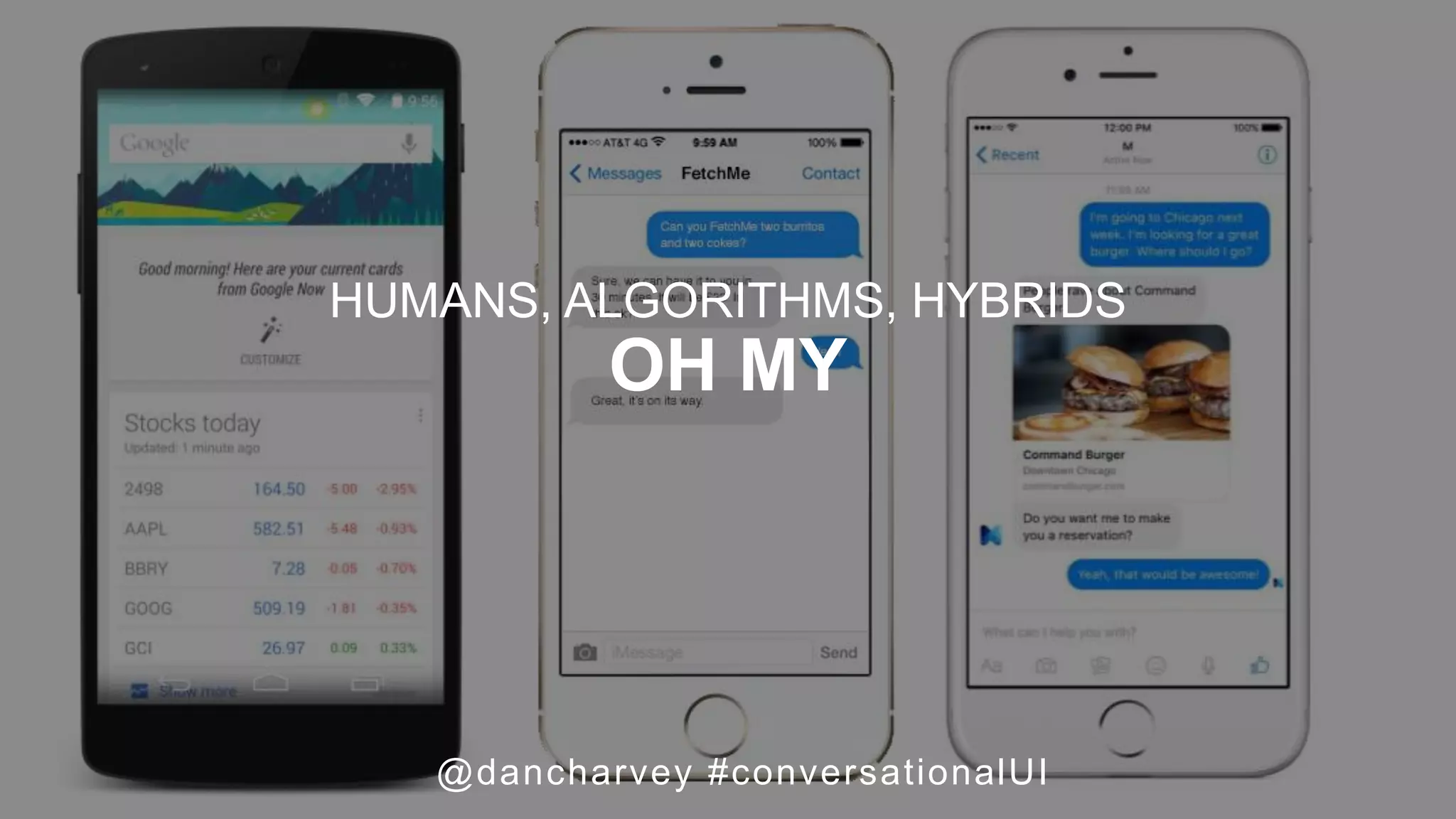 @dancharvey #conversationalUI
HUMANS, ALGORITHMS, HYBRIDS
OH MY
 