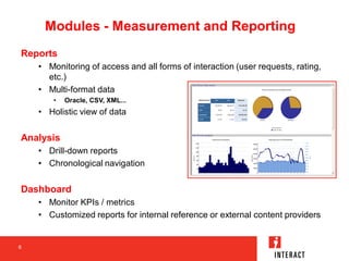 Modules - Measurement and Reporting
Reports
    • Monitoring of access and all forms of interaction (user requests, rating...