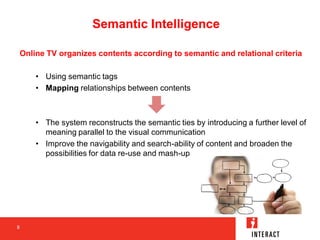Semantic Intelligence

Online TV organizes contents according to semantic and relational criteria

    • Using semantic ta...