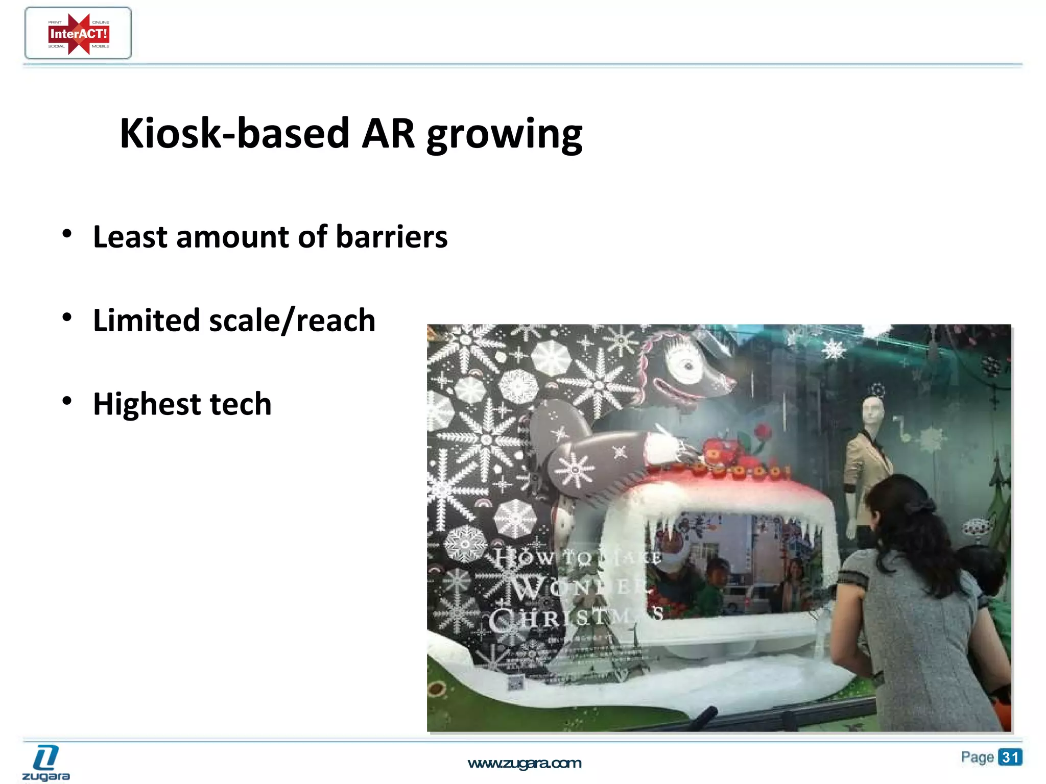 Kiosk-based AR growing Least amount of barriers Limited scale/reach Highest tech 