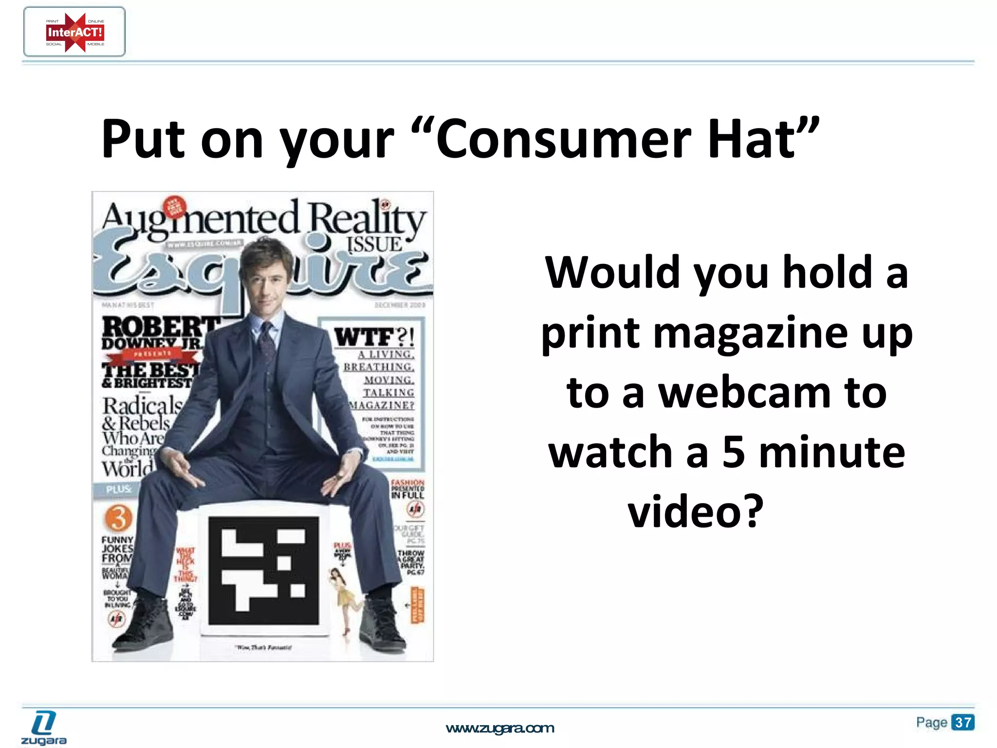 Put on your “Consumer Hat” Would you hold a print magazine up to a webcam to watch a 5 minute video? 