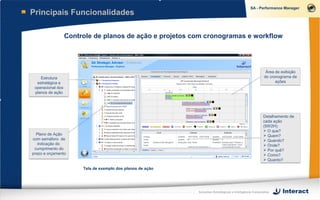Principais Funcionalidades

                   Controle de planos de ação e projetos com cronogramas e workflow




                                                                                                          Área de exibição
    Estrutura                                                                                            do cronograma de
  estratégica e                                                                                                ações
 operacional dos
 planos de ação




                                                                                                         Detalhamento de
                                                                                                         cada ação
                                                                                                         (5W2H):
                                                                                                          O que?
  Plano de Ação                                                                                           Quem?
com semáforo de                                                                                           Quando?
   indicação do                                                                                           Onde?
 cumprimento do                                                                                           Por quê?
prazo e orçamento                                                                                         Como?
                                                                                                          Quanto?

                        Tela de exemplo dos planos de ação




                                                             Soluções Estratégicas e Inteligência Corporativa
 