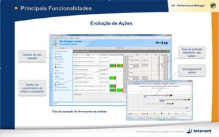 Principais Funcionalidades

                                                Evolução de Ações




                                                                                                                 Área de exibição
                                                                                                                  detalhada das
 Opções de pré-                                                                                                       ações
    seleção


                                                                                                                  Cronograma de
                                                                                                                      ações



    Gráfico de
 cumprimento de
prazo e orçamento




                    Tela de exemplo de ferramenta de análise




                                                                    Soluções Estratégicas e Inteligência Corporativa
 
