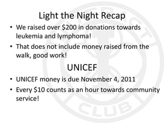 Light the Night Recap
• We raised over $200 in donations towards
  leukemia and lymphoma!
• That does not include money raised from the
  walk, good work!
                  UNICEF
• UNICEF money is due November 4, 2011
• Every $10 counts as an hour towards community
  service!
 