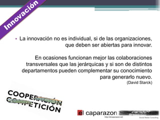 • La innovación no es individual, si de las organizaciones,
                    que deben ser abiertas para innovar.

       En ocasiones funcionan mejor las colaboraciones
   transversales que las jerárquicas y si son de distintos
  departamentos pueden complementar su conocimiento
                                   para generarlo nuevo.
                                                (David Starck)
 
