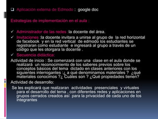  Aplicación externa de Edmodo : google doc

Estrategias de implementación en el aula :
 Administrador de las redes :la docente del área.
 Invitaciones :la docente invitara a unirse al grupo de la red horizontal

de facebook y en la red vertical de edmodo los estudiantes se
registraran como estudiante e ingresará al grupo a través de un
código que les otorgara la docente .
 Secuencia didáctica:
Actividad de inicio : Se comenzará con una clase en el aula donde se
realizará un reconocimiento de los saberes previos sobre los
conceptos básicos del tema dictado en clases anteriores con los
siguientes interrogantes :¿ a qué denominamos materiales ? ¿qué
materiales conocimos ?¿ Cuáles son ? ¿Qué propiedades tienen?
Actividad de desarrollo:
Se les explicará que realizaran actividades presenciales y virtuales
para el desarrollo del tema , con diferentes redes y aplicaciones en
grupos cerrados creados así para la privacidad de cada uno de los
integrantes

 