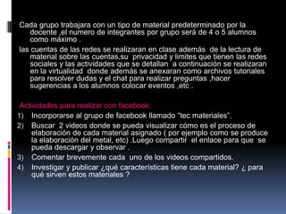 Cada grupo trabajara con un tipo de material predeterminado por la
docente ,el numero de integrantes por grupo será de 4 o 5 alumnos
como máximo .
las cuentas de las redes se realizaran en clase además de la lectura de
material sobre las cuentas,su privacidad y limites que tienen las redes
sociales y las actividades que se detallan a continuación se realizaran
en la virtualidad donde además se anexaran como archivos tutoriales
para resolver dudas y el chat para realizar preguntas ,hacer
sugerencias a los alumnos colocar eventos ,etc .
Actividades para realizar con facebook:
1) Incorporarse al grupo de facebook llamado “tec materiales”.
2) Buscar 2 videos donde se pueda visualizar cómo es el proceso de
elaboración de cada material asignado ( por ejemplo como se produce
la elaboración del metal, etc) .Luego compartir el enlace para que se
pueda descargar y observar .
3) Comentar brevemente cada uno de los videos compartidos.
4) Investigar y publicar ¿qué características tiene cada material? ¿ para
qué sirven estos materiales ?

 