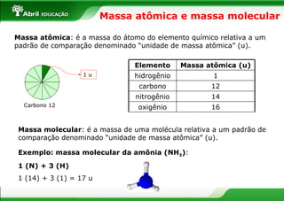 Massa atômica e massa molecular Massa atômica : é a massa do átomo do elemento químico relativa a um padrão de comparação denominado “unidade de massa atômica” (u). Carbono 12 Massa molecular : é a massa de uma molécula relativa a um padrão de comparação denominado “unidade de massa atômica” (u). Exemplo: massa molecular da amônia (NH 3 ) : 1 (N) + 3 (H) 1 (14) + 3 (1) = 17 u 1 u 16 oxigênio 14 nitrogênio 12 carbono 1 hidrogênio Massa atômica (u) Elemento 