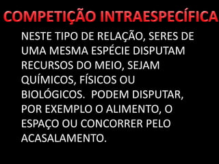NESTE TIPO DE RELAÇÃO, SERES DE
UMA MESMA ESPÉCIE DISPUTAM
RECURSOS DO MEIO, SEJAM
QUÍMICOS, FÍSICOS OU
BIOLÓGICOS. PODEM DISPUTAR,
POR EXEMPLO O ALIMENTO, O
ESPAÇO OU CONCORRER PELO
ACASALAMENTO.
 