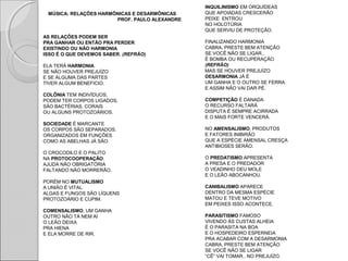 MÚSICA: RELAÇÕES HARMÔNICAS E DESARMÔNICAS
PROF. PAULO ALEXANDRE
AS RELAÇÕES PODEM SER
PRA GANHAR OU ENTÃO PRA PERDER
EXISTINDO OU NÃO HARMONIA
ISSO É O QUE DEVEMOS SABER. (REFRÃO)
ELA TERÁ HARMONIA
SE NÃO HOUVER PREJUÍZO
E SE ALGUMA DAS PARTES
TIVER ALGUM BENEFICIO.
COLÔNIA TEM INDIVÍDUOS,
PODEM TER CORPOS LIGADOS.
SÃO BACTÉRIAS, CORAIS
OU ALGUNS PROTOZOÁRIOS.
SOCIEDADE É MARCANTE
OS CORPOS SÃO SEPARADOS.
ORGANIZADOS EM FUNÇÕES
COMO AS ABELHAS JÁ SÃO.
O CROCODILO E O PALITO
NA PROTOCOOPERAÇÃO.
AJUDA NÃO OBRIGATÓRIA
FALTANDO NÃO MORRERÃO.
PORÉM NO MUTUALISMO
A UNIÃO É VITAL.
ALGAS E FUNGOS SÃO LÍQUENS
PROTOZOÁRIO E CUPIM.
COMENSALISMO, UM GANHA
OUTRO NÃO TÁ NEM AÍ
O LEÃO DEIXA
PRA HIENA
E ELA MORRE DE RIR.
INQUILINISMO EM ORQUÍDEAS
QUE APOIADAS CRESCERÃO
PEIXE ENTROU
NO HOLOTÚRIA
QUE SERVIU DE PROTEÇÃO.
FINALIZANDO HARMONIA
CABRA, PRESTE BEM ATENÇÃO
SE VOCÊ NÃO SE LIGAR..
É BOMBA OU RECUPERAÇÃO
(REFRÃO)
MAS SE HOUVER PREJUÍZO
DESARMONIA JÁ É
UM GANHA E O OUTRO SE FERRA
E ASSIM NÃO VAI DAR PÉ.
COMPETIÇÃO É DANADA
O RECURSO FALTARÁ
DISPUTA É SEMPRE ACIRRADA
E O MAIS FORTE VENCERÁ.
NO AMENSALISMO, PRODUTOS
E FATORES INIBIRÃO
QUE A ESPÉCIE AMENSAL CRESÇA
ANTIBIOSES SERÃO.
O PREDATISMO APRESENTA
A PRESA E O PREDADOR
O VEADINHO DEU MOLE
E O LEÃO ABOCANHOU.
CANIBALISMO APARECE
DENTRO DA MESMA ESPÉCIE
MATOU E TEVE MOTIVO
EM PEIXES ISSO ACONTECE.
PARASITISMO FAMOSO
VIVENDO ÀS CUSTAS ALHEIA
É O PARASITA NA BOA
E O HOSPEDEIRO ESPERNEIA
PRA ACABAR COM A DESARMONIA
CABRA, PRESTE BEM ATENÇÃO
SE VOCÊ NÃO SE LIGAR
“CÊ” VAI TOMAR.. NO PREJUÍZO.
 