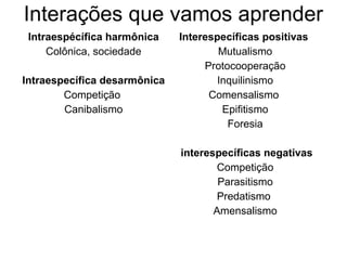 Interações que vamos aprender
Intraespécífica harmônica
Colônica, sociedade
Intraespecífica desarmônica
Competição
Canibalismo
Interespecíficas positivas
Mutualismo
Protocooperação
Inquilinismo
Comensalismo
Epifitismo
Foresia
interespecíficas negativas
Competição
Parasitismo
Predatismo
Amensalismo
 