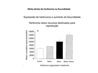 Efeito direto da herbivoria na fecundidade


Supressão de herbívoros e aumento da fecundidade

    Herbivoria reduz recursos destinados para
                   reprodução
 