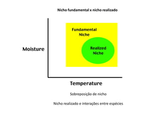 Nicho fundamental x nicho realizado
Sobreposição de nicho
Nicho realizado e interações entre espécies
 