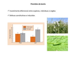 Previsões da teoria
 Investimento diferencial entre espécies, indivíduos e orgãos
 Defesas constitutivas e induzidas
 