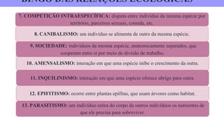 BINGO DAS RELAÇÕES ECOLÓGICAS
7. COMPETIÇÃO INTRAESPECÍFICA: disputa entre indivíduo da mesma espécie por
território, parceiros sexuais, comida, etc.
10. AMENSALISMO: interação em que uma espécie inibe o crescimento da outra.
9. SOCIEDADE: indivíduos da mesma espécie, anatomicamente separados, que
cooperam entre si por meio de divisão de trabalho.
8. CANIBALISMO: um indivíduo se alimenta de outro da mesma espécie.
12. EPIFITISMO: ocorre entre plantas epífitas, que usam árvores como habitat.
11. INQUILINISMO: interação em que uma espécie oferece abrigo para outra.
13. PARASITISMO: um indivíduo retira do corpo de outros indivíduos os nutrientes de
que ele precisa para sobreviver.
 