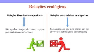 Relações ecológicas
Relações Harmônicas ou positivas
São aquelas em que não ocorre prejuízo
para nenhum dos envolvidos;
Relações desarmônicas ou negativas
São aquelas em que pelo menos um dos
envolvidos sofre alguma desvantagem;
 