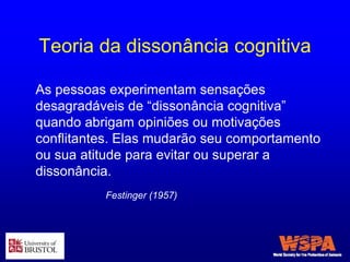 Teoria da dissonância cognitiva
As pessoas experimentam sensações
desagradáveis de “dissonância cognitiva”
quando abrigam opiniões ou motivações
conflitantes. Elas mudarão seu comportamento
ou sua atitude para evitar ou superar a
dissonância.
Festinger (1957)
 
