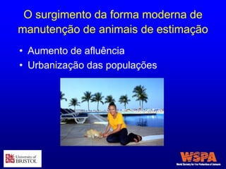 O surgimento da forma moderna de
manutenção de animais de estimação
• Aumento de afluência
• Urbanização das populações
 