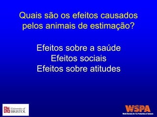 Quais são os efeitos causados
pelos animais de estimação?
Efeitos sobre a saúde
Efeitos sociais
Efeitos sobre atitudes
 