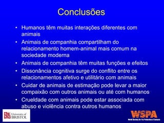 Conclusões
• Humanos têm muitas interações diferentes com
animais
• Animais de companhia compartilham do
relacionamento homem-animal mais comum na
sociedade moderna
• Animais de companhia têm muitas funções e efeitos
• Dissonância cognitiva surge do conflito entre os
relacionamentos afetivo e utilitário com animais
• Cuidar de animais de estimação pode levar a maior
compaixão com outros animais ou até com humanos
• Crueldade com animais pode estar associada com
abuso e violência contra outros humanos
 