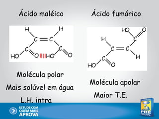 Ácido maléico       Ácido fumárico




   Molécula polar
                       Molécula apolar
Mais solúvel em água
                        Maior T.E.
    L.H. intra
 