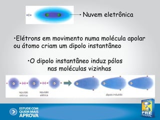 Nuvem eletrônica


•Elétrons em movimento numa molécula apolar
ou átomo criam um dipolo instantâneo

    •O dipolo instantâneo induz pólos
           nas moléculas vizinhas
 